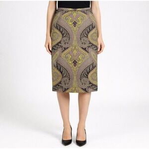 J.Crew Women Paisley Pencil Skirt Size 2 Cotton Stretch Boho Office Purple Green